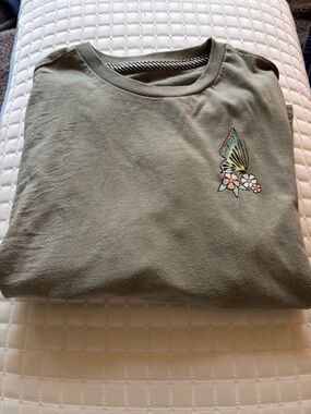 Olive Green Tee with Butterfly & Floral Chest Graphic large back design!